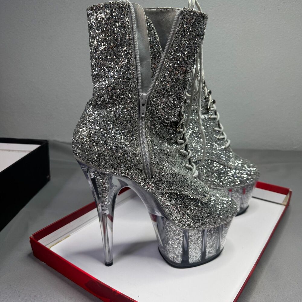 Pleaser Adore-1020G Silver Glitter Platform Ankle Boots Clear Heels Size 11M